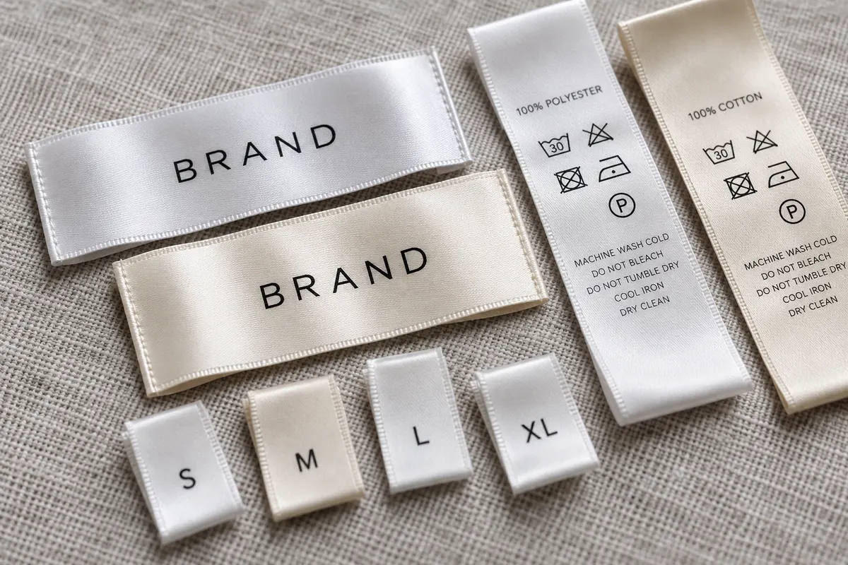 Nhãn vải satin in logo, nhãn size và nhãn hướng dẫn giặt